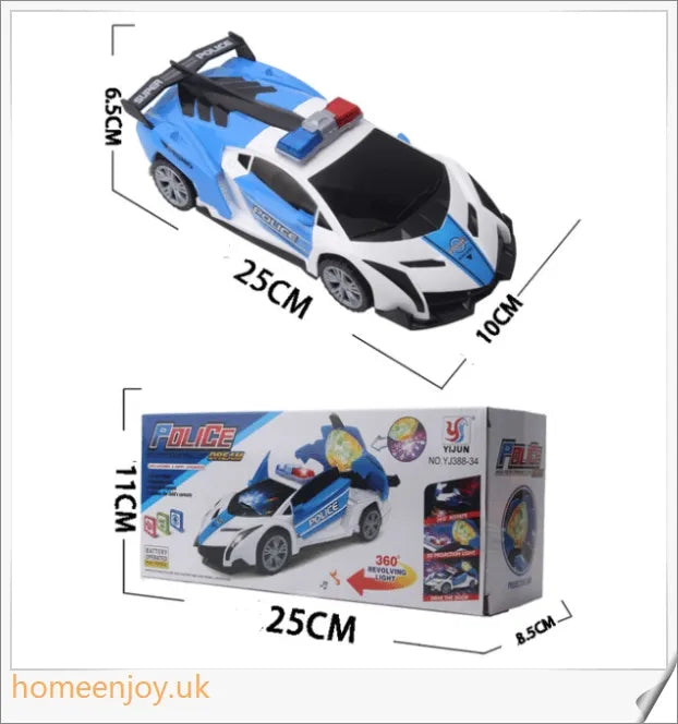 A 360-degree rotating police car toy with flashing LED lights and siren sounds, perfect for young law enforcement enthusiasts.