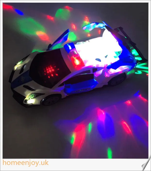 A 360-degree rotating police car toy with flashing LED lights and siren sounds, perfect for young law enforcement enthusiasts.