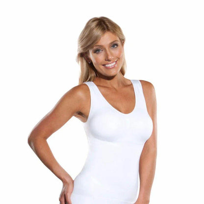 A close-up image of a black compression vest with a built-in bra, designed to sculpt and support the figure.
