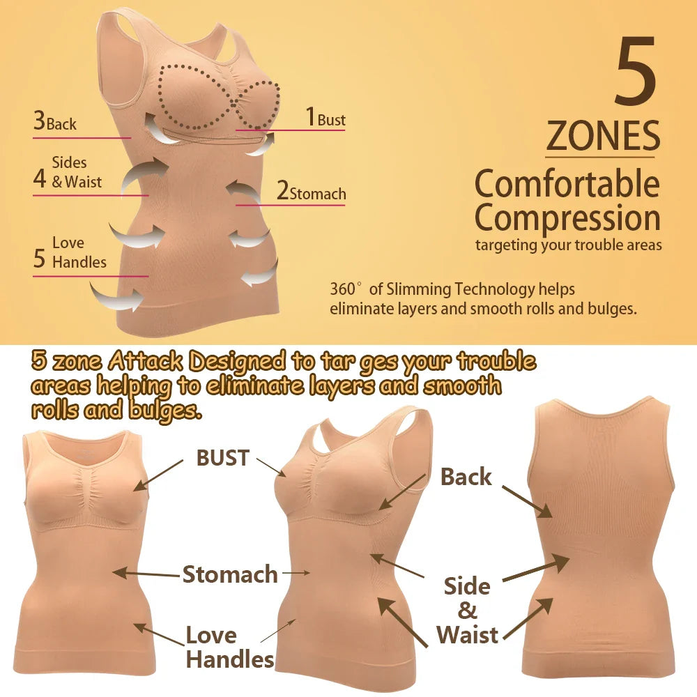 A close-up image of a black compression vest with a built-in bra, designed to sculpt and support the figure.