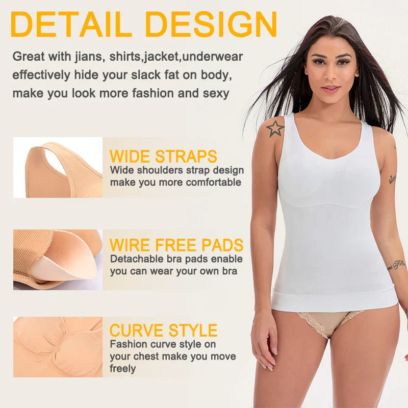 A close-up image of a black compression vest with a built-in bra, designed to sculpt and support the figure.
