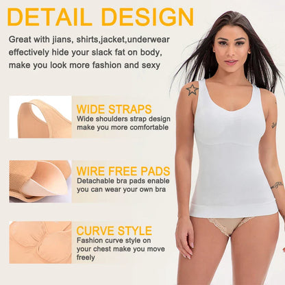 A close-up image of a black compression vest with a built-in bra, designed to sculpt and support the figure.