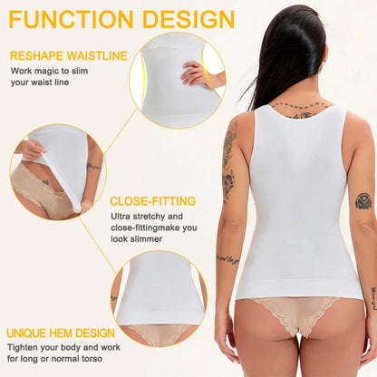A close-up image of a black compression vest with a built-in bra, designed to sculpt and support the figure.