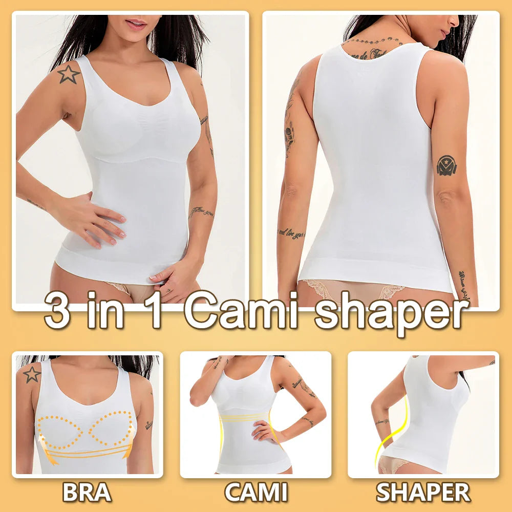 A close-up image of a black compression vest with a built-in bra, designed to sculpt and support the figure.
