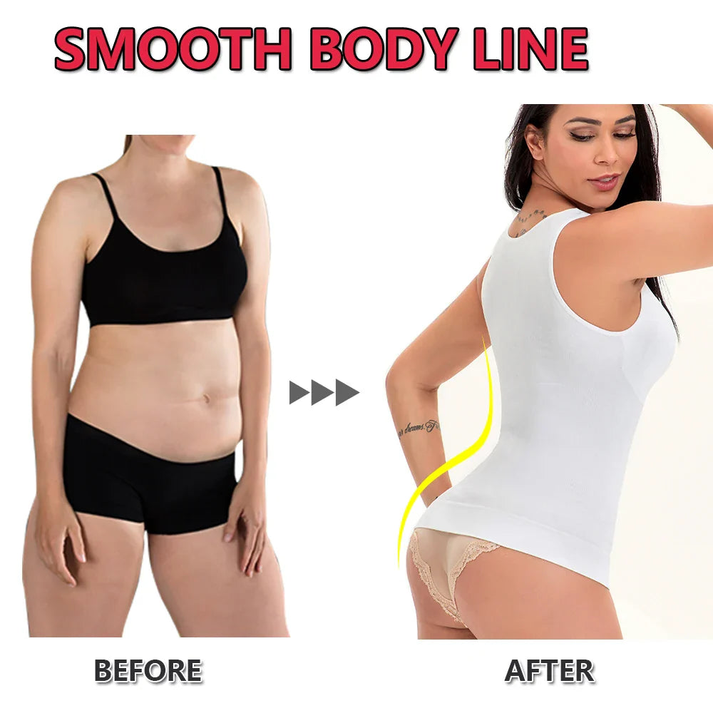 A close-up image of a black compression vest with a built-in bra, designed to sculpt and support the figure.
