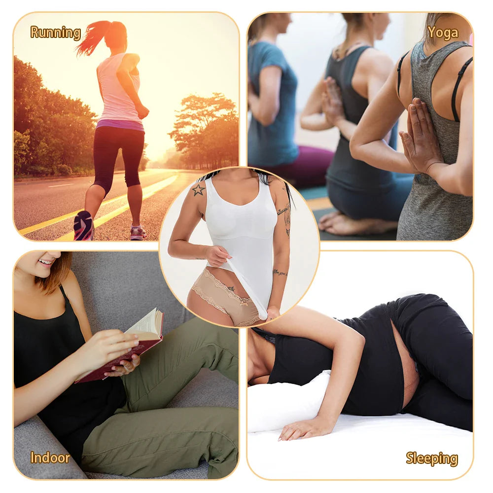 A close-up image of a black compression vest with a built-in bra, designed to sculpt and support the figure.
