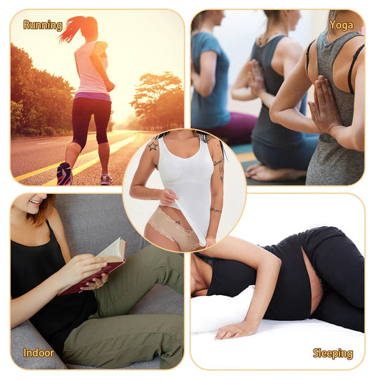A close-up image of a black compression vest with a built-in bra, designed to sculpt and support the figure.