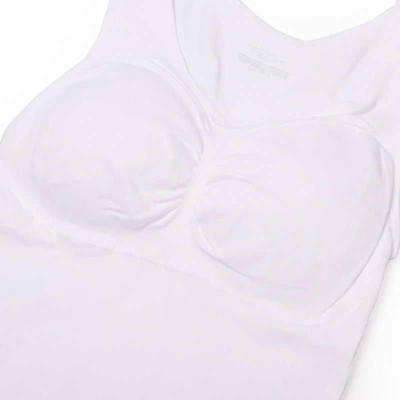 A close-up image of a black compression vest with a built-in bra, designed to sculpt and support the figure.