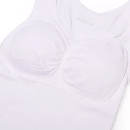 A close-up image of a black compression vest with a built-in bra, designed to sculpt and support the figure.