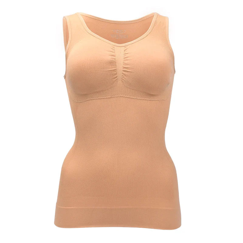 A close-up image of a black compression vest with a built-in bra, designed to sculpt and support the figure.