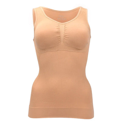A close-up image of a black compression vest with a built-in bra, designed to sculpt and support the figure.