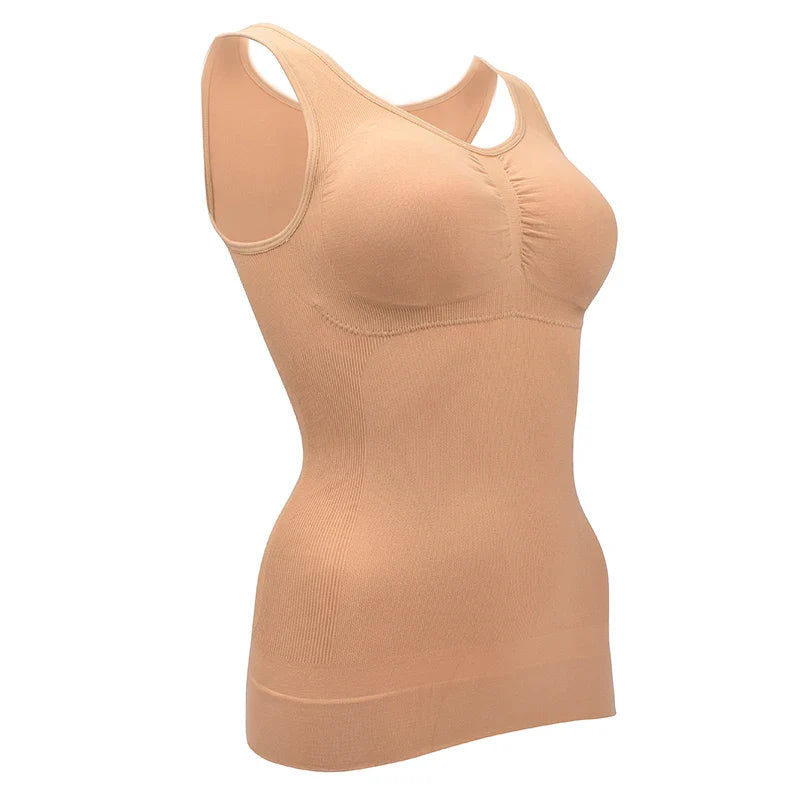 A close-up image of a black compression vest with a built-in bra, designed to sculpt and support the figure.