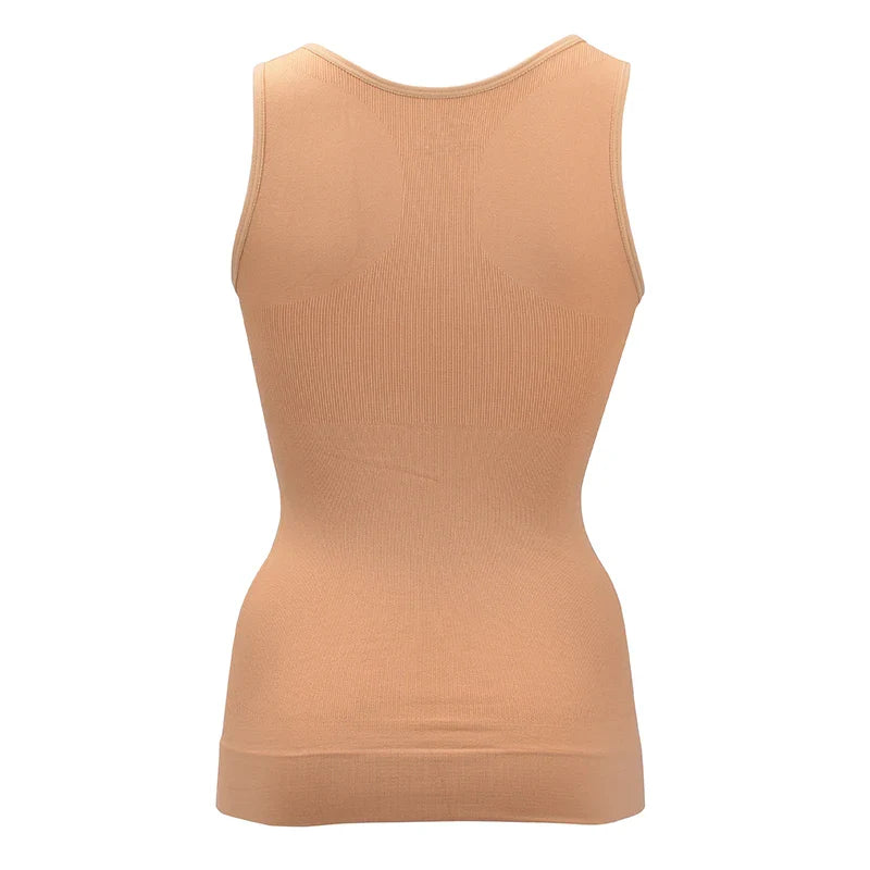 A close-up image of a black compression vest with a built-in bra, designed to sculpt and support the figure.