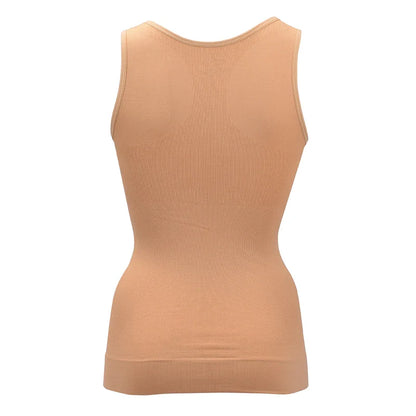 A close-up image of a black compression vest with a built-in bra, designed to sculpt and support the figure.
