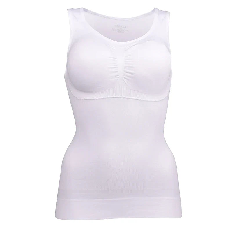 A close-up image of a black compression vest with a built-in bra, designed to sculpt and support the figure.