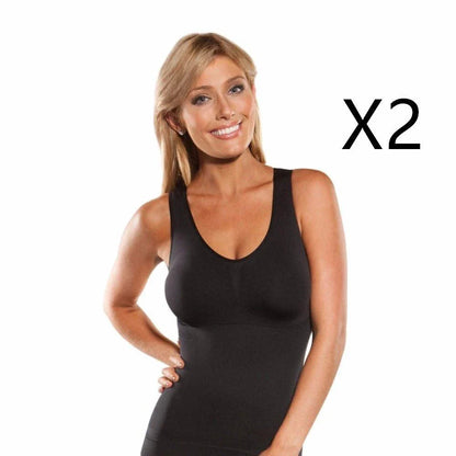 A close-up image of a black compression vest with a built-in bra, designed to sculpt and support the figure.