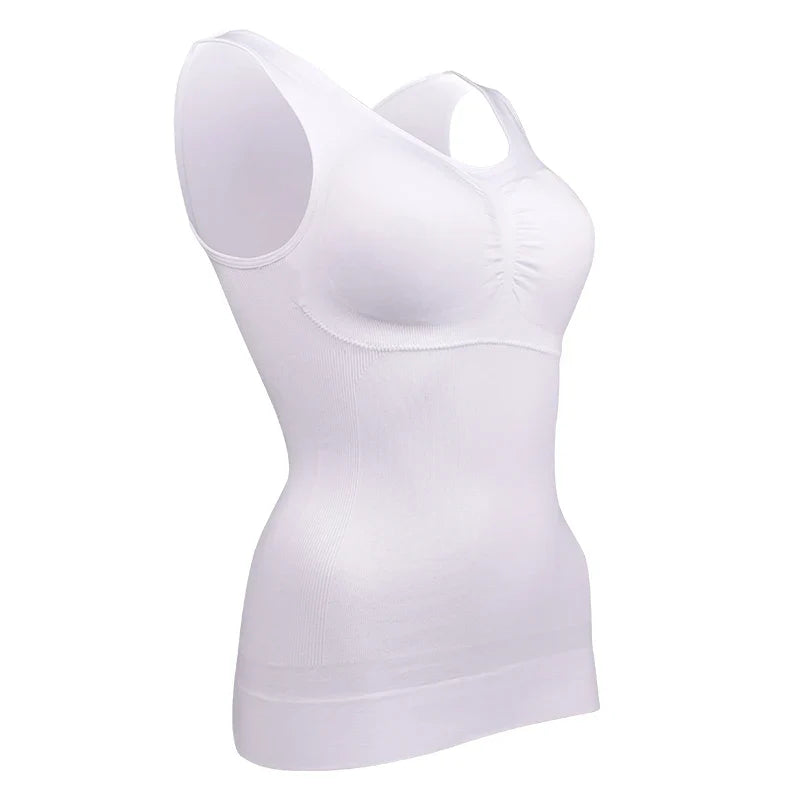 A close-up image of a black compression vest with a built-in bra, designed to sculpt and support the figure.