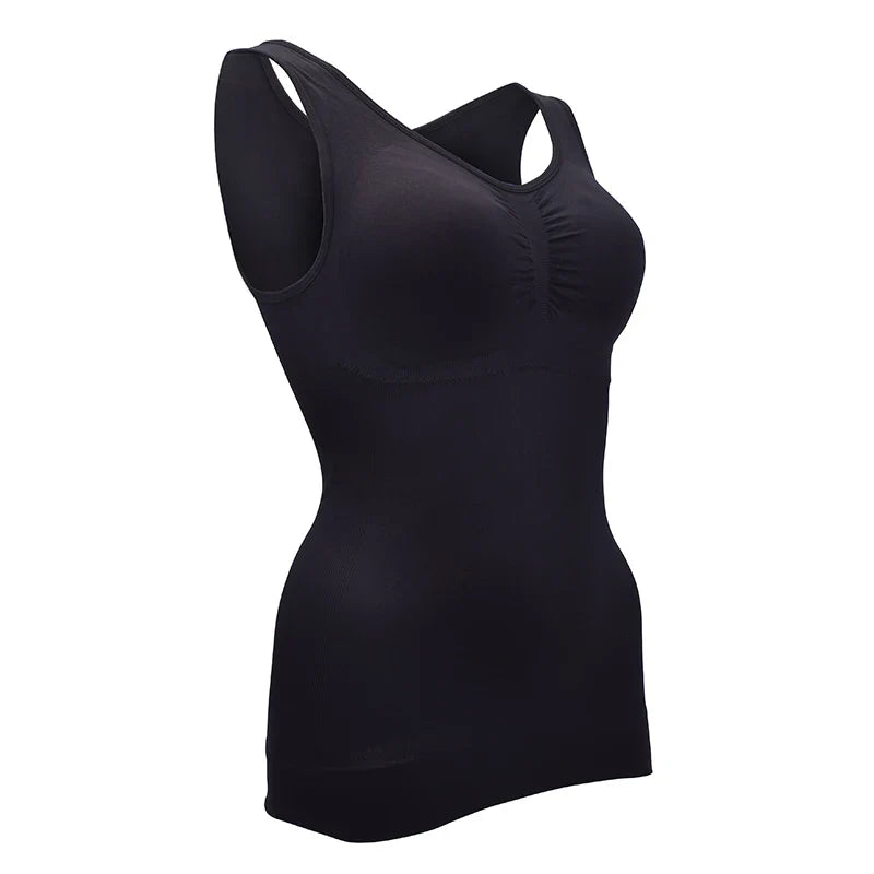 A close-up image of a black compression vest with a built-in bra, designed to sculpt and support the figure.