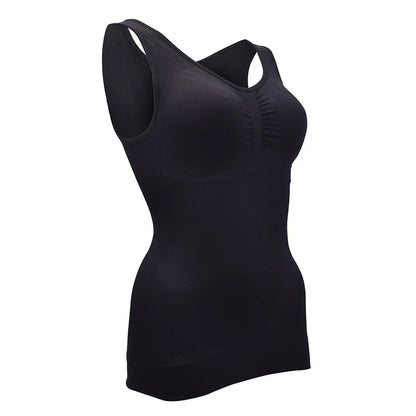 A close-up image of a black compression vest with a built-in bra, designed to sculpt and support the figure.