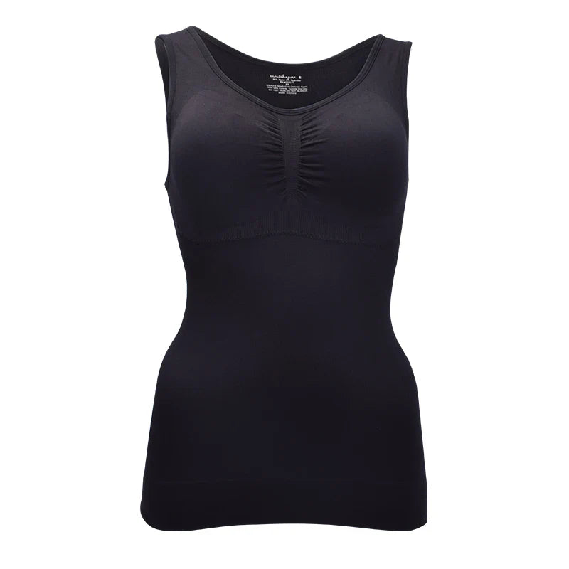 A close-up image of a black compression vest with a built-in bra, designed to sculpt and support the figure.
