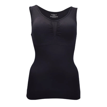 A close-up image of a black compression vest with a built-in bra, designed to sculpt and support the figure.