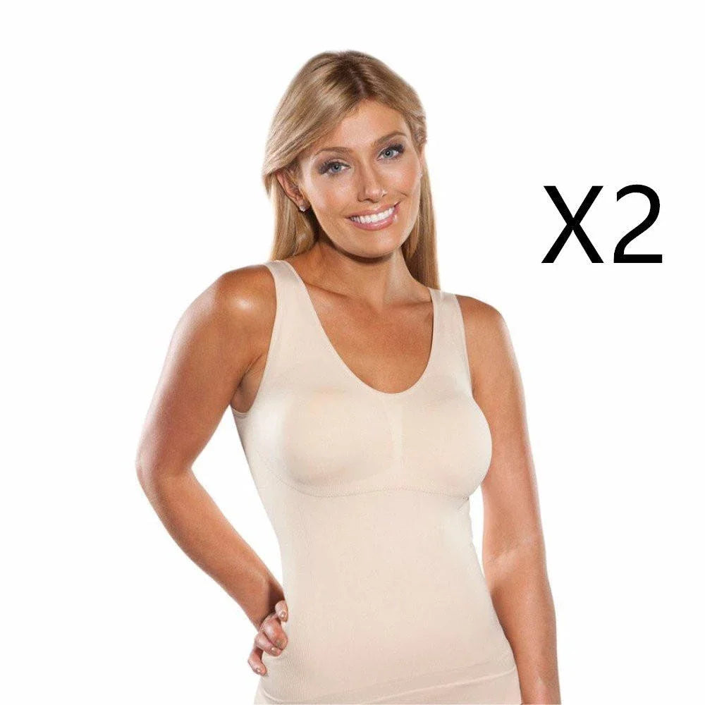 A close-up image of a black compression vest with a built-in bra, designed to sculpt and support the figure.