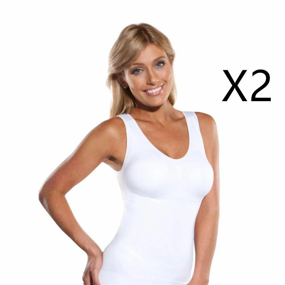 A close-up image of a black compression vest with a built-in bra, designed to sculpt and support the figure.