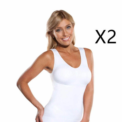 A close-up image of a black compression vest with a built-in bra, designed to sculpt and support the figure.