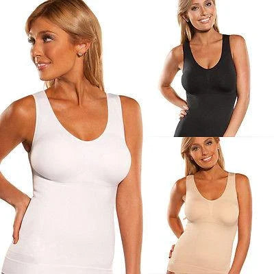 A close-up image of a black compression vest with a built-in bra, designed to sculpt and support the figure.