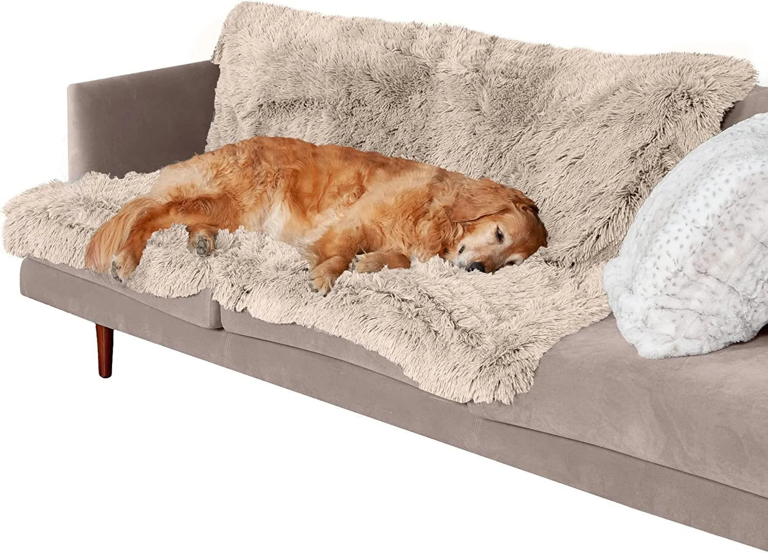 Plush waterproof dog cushion in dark grey, shown in a large size for pet comfort.