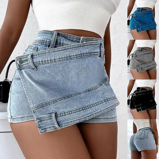 Stylish Y2K denim shorts with asymmetrical hem, available in dark blue, light blue, grey, and black colors in sizes S-5XL