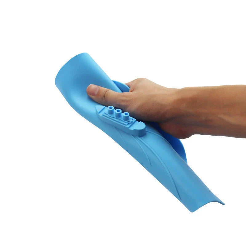 Creative silicone pot lid in blue color, designed with a unique shape and hook for easy storage