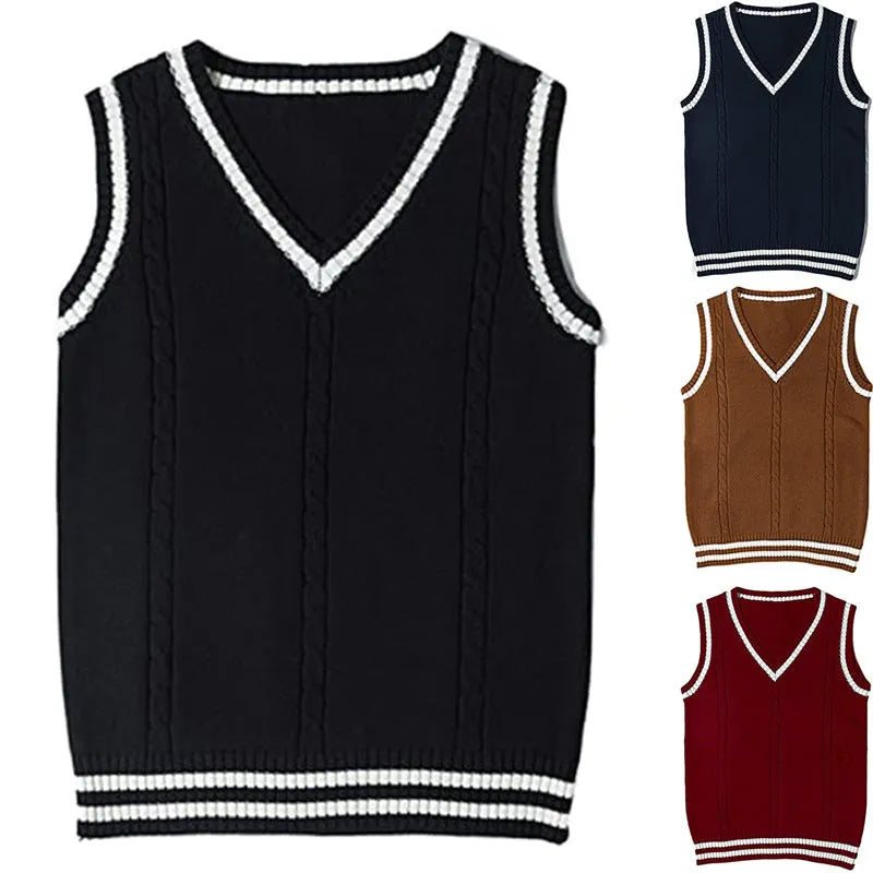 Women's V-neck striped stitching knitted sweater in slim fit, available in white, black, dark blue, wine red, and brown