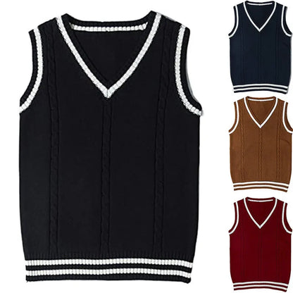 Women's V-neck striped stitching knitted sweater in slim fit, available in white, black, dark blue, wine red, and brown