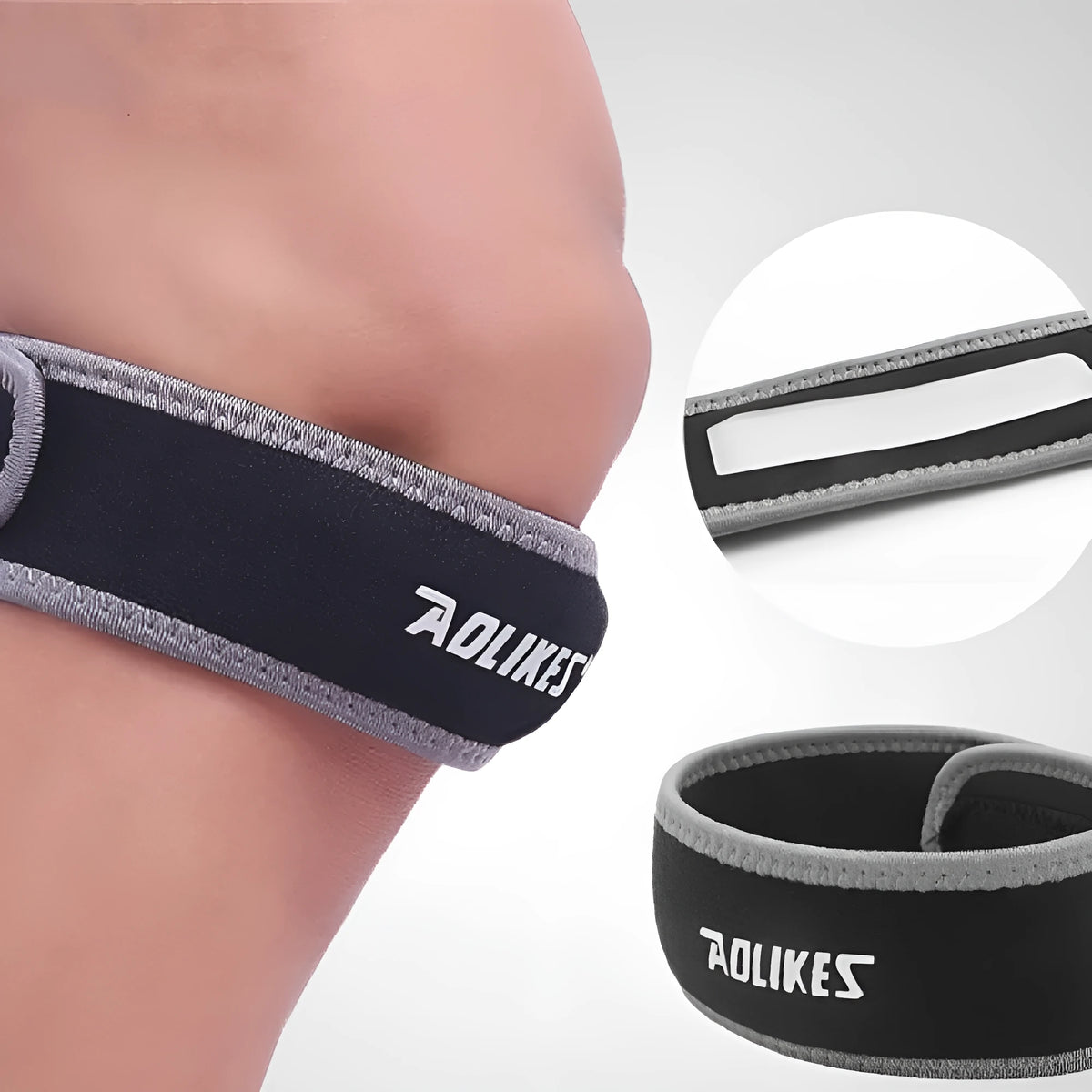 Black and grey patella retinaculum knee support for sports like running and football