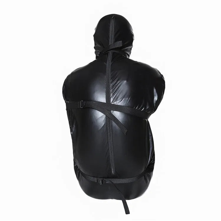 Black patent leather bondage harness set with six ratchet tie-down straps arranged for display