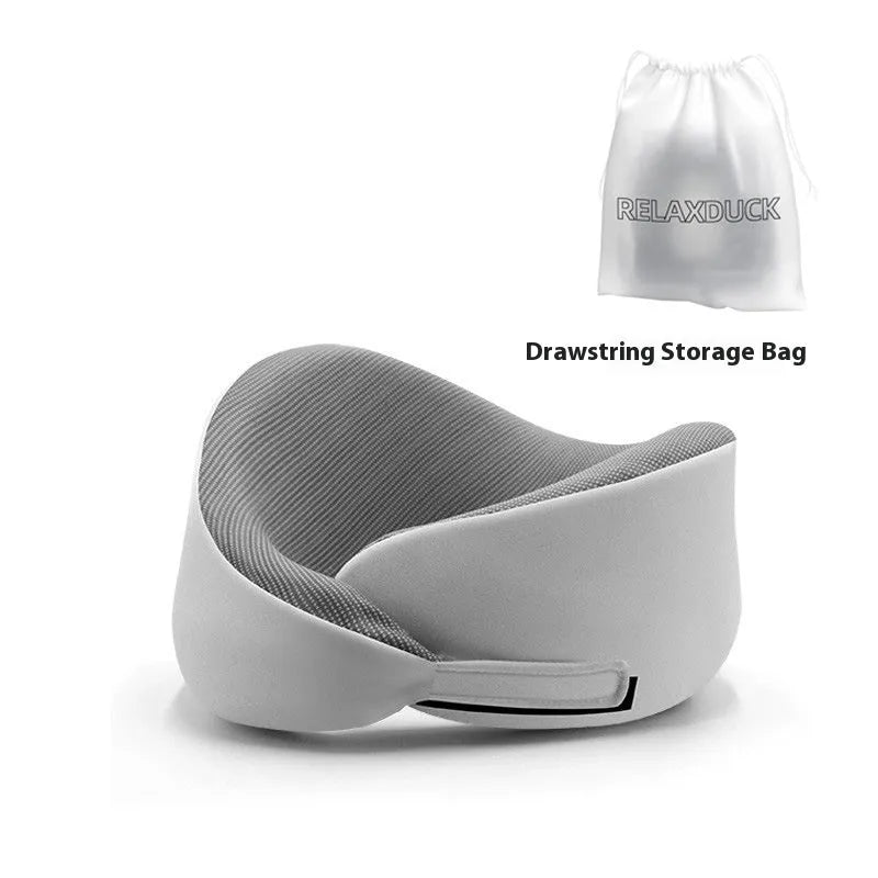Light grey memory foam U-shaped neck pillow with a magnetic cloth protector.