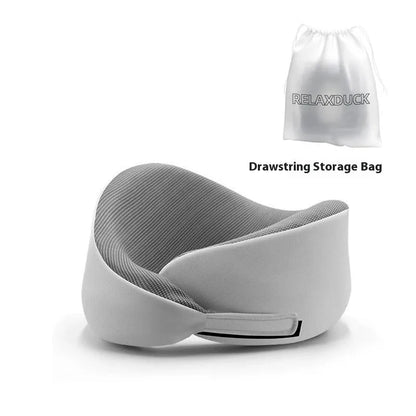Light grey memory foam U-shaped neck pillow with a magnetic cloth protector.