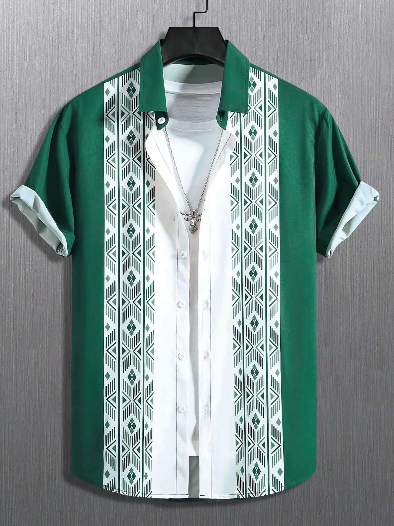 Men's plaid short-sleeve shirt with contrast lapel, shown in a loose cardigan style.