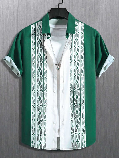 Men's plaid short-sleeve shirt with contrast lapel, shown in a loose cardigan style.