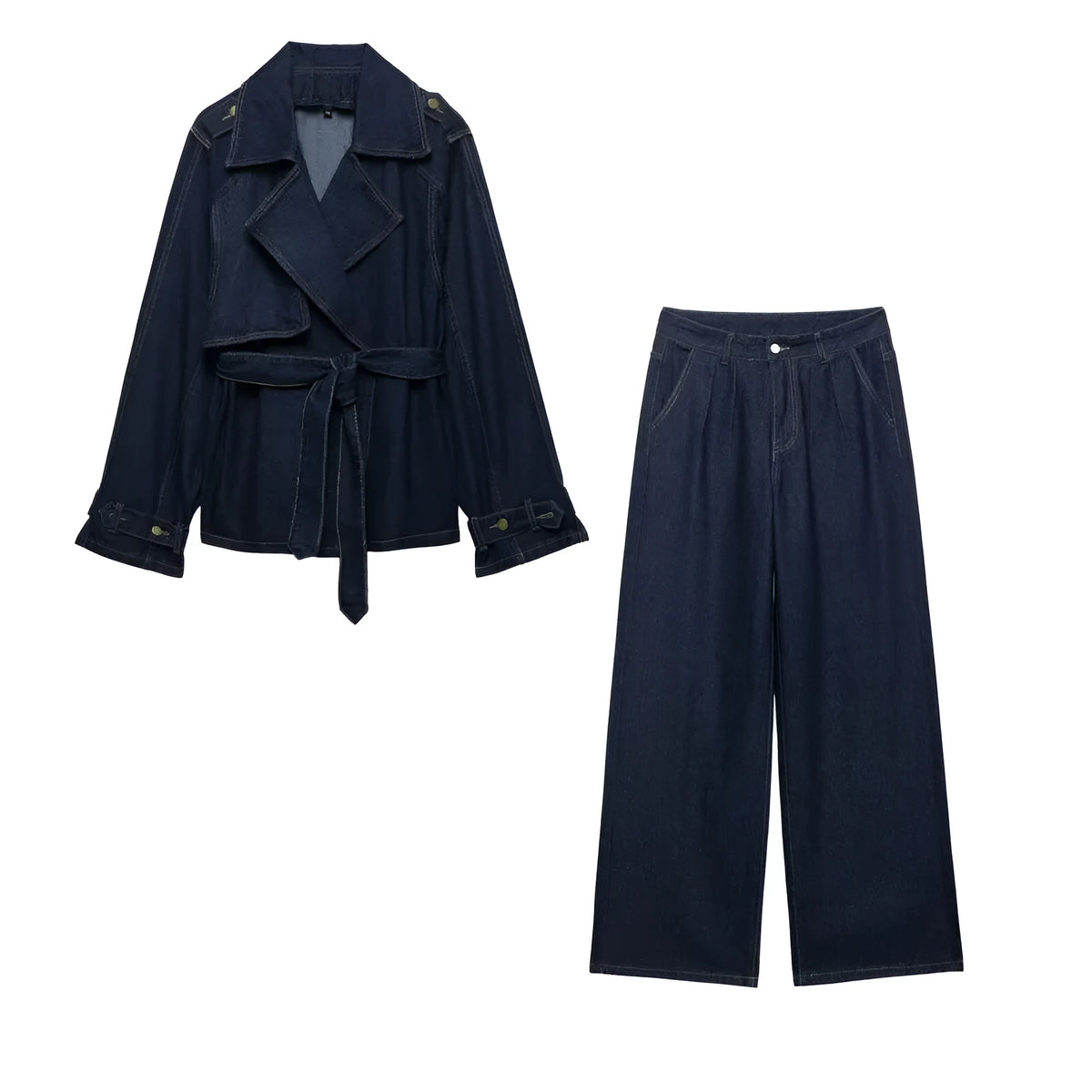 Women's blue denim belted short trench coat with long sleeves and matching wide-leg trousers, sizes S M L