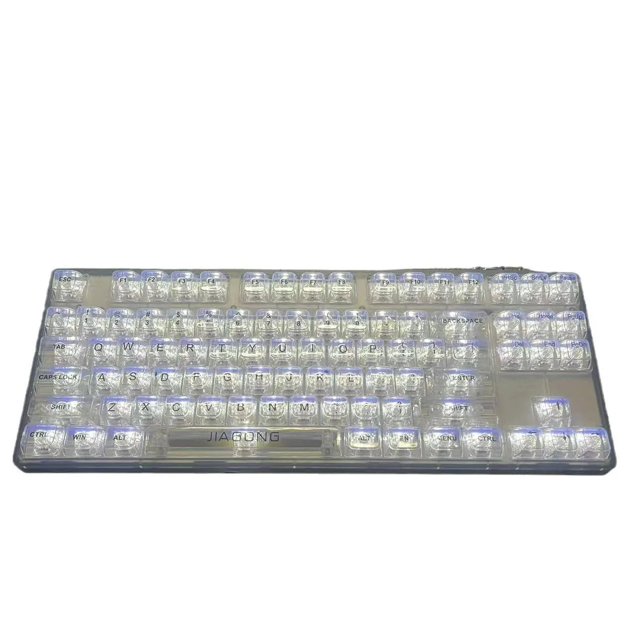 Full set of 132 transparent plastic keycaps for mechanical keyboard customisation on a white background.