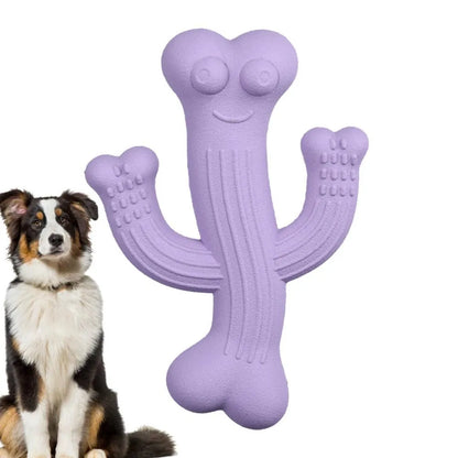Beige, blue or purple cactus-shaped dog chew toy made from bamboo fibre and rubber on a white background.