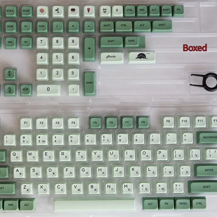 Matcha-themed PBT keycap set with 124 keys and dye-sublimated legends in multiple languages