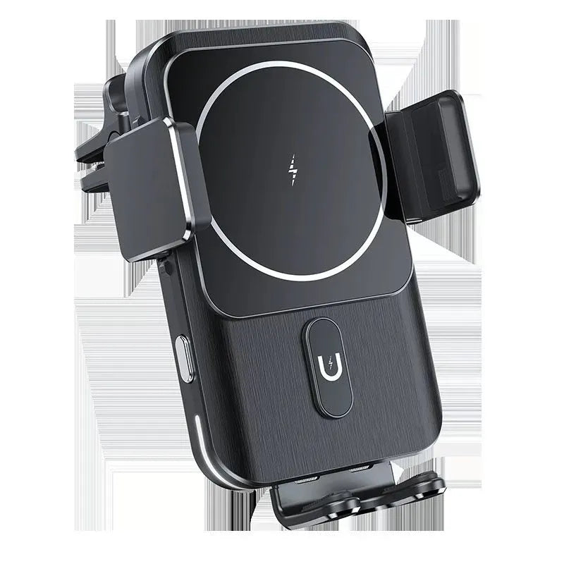 Black 15W wireless car charger phone holder showing clip and suction cup bracket options.