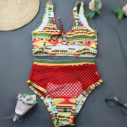 Women's checkered multicolor bikini with cross strap top and fishnet high waist briefs