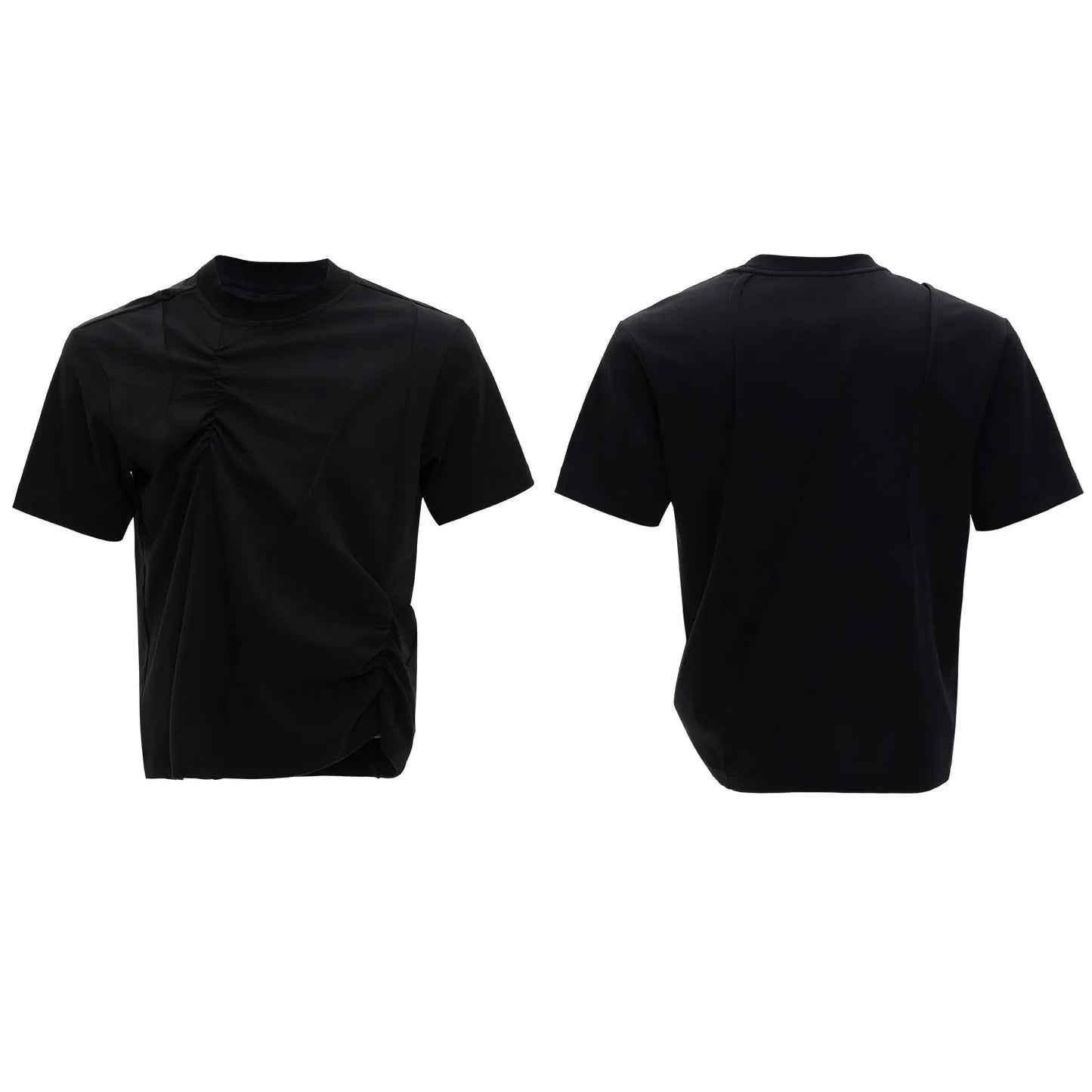 Men's loose fit black cotton T-shirt with textured pleats and asymmetric stitching detail.