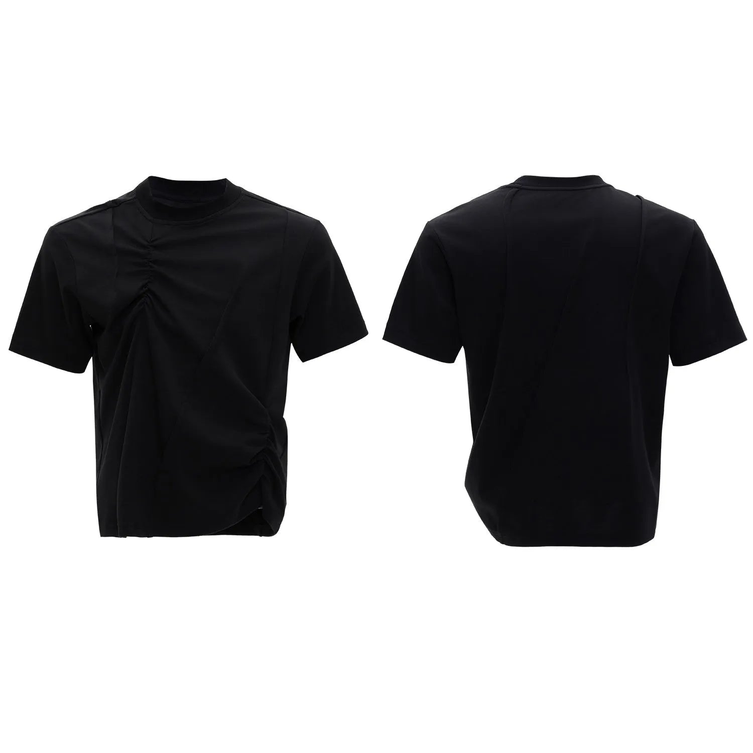 Men's loose fit black cotton T-shirt with textured pleats and asymmetric stitching detail.