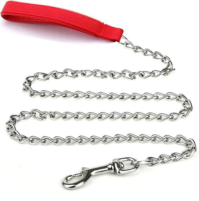 Heavy duty metal dog leash with black chain and soft padded handle, measuring 120cm in length