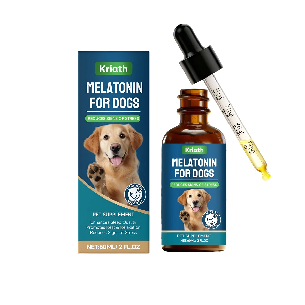 60ml dog calming drops bottle with melatonin, L-theanine, valerian root, chamomile and omega 3, 6 and 9